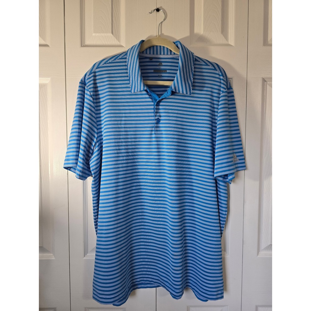 Adidas Golf Mens XL Blue White Striped Performance Short Sleeve Polo Shirt